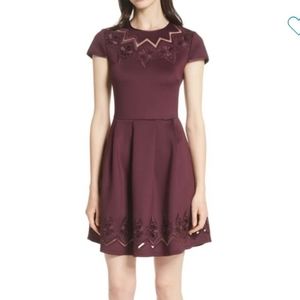 Ted Baker Burgundy Embroidered Fit-and-Flare Dress
